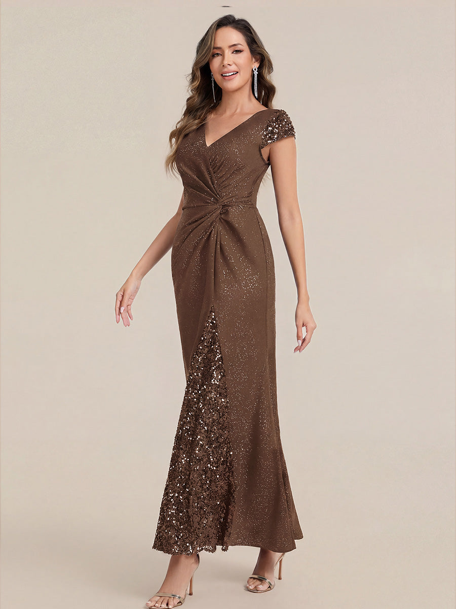KAIA Silver Knotted Sequin Cap Sleeve Maxi Evening Dress