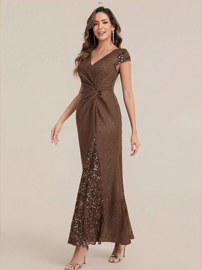 KAIA Silver Knotted Sequin Cap Sleeve Maxi Evening Dress