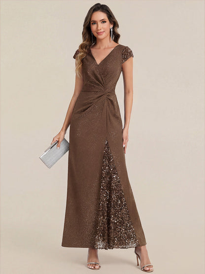 KAIA Silver Knotted Sequin Cap Sleeve Maxi Evening Dress