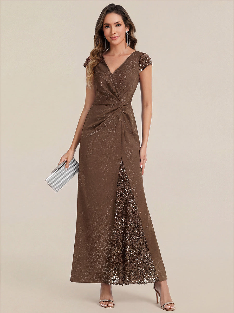 KAIA Silver Knotted Sequin Cap Sleeve Maxi Evening Dress
