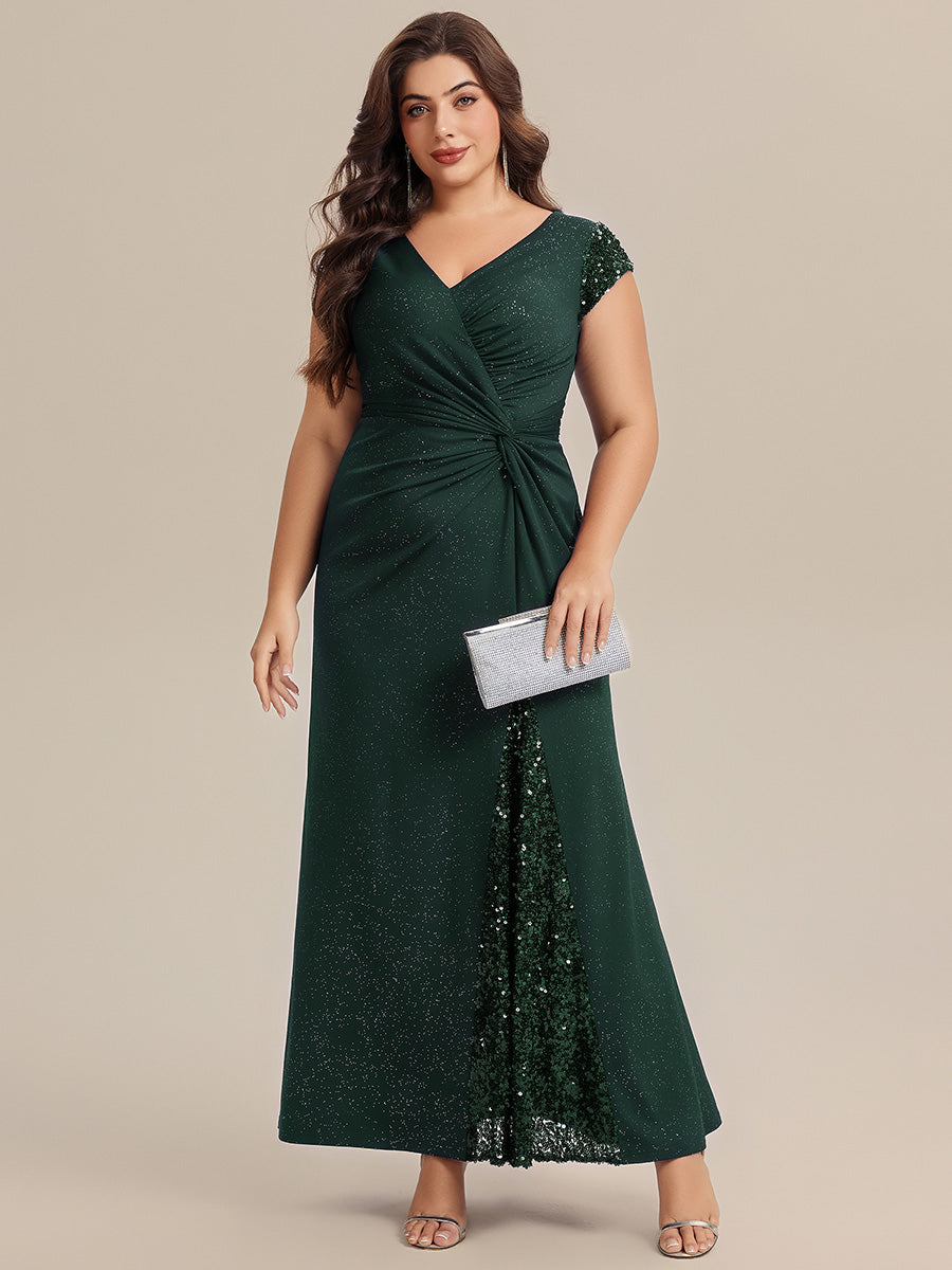 KAIA Silver Knotted Sequin Cap Sleeve Maxi Evening Dress