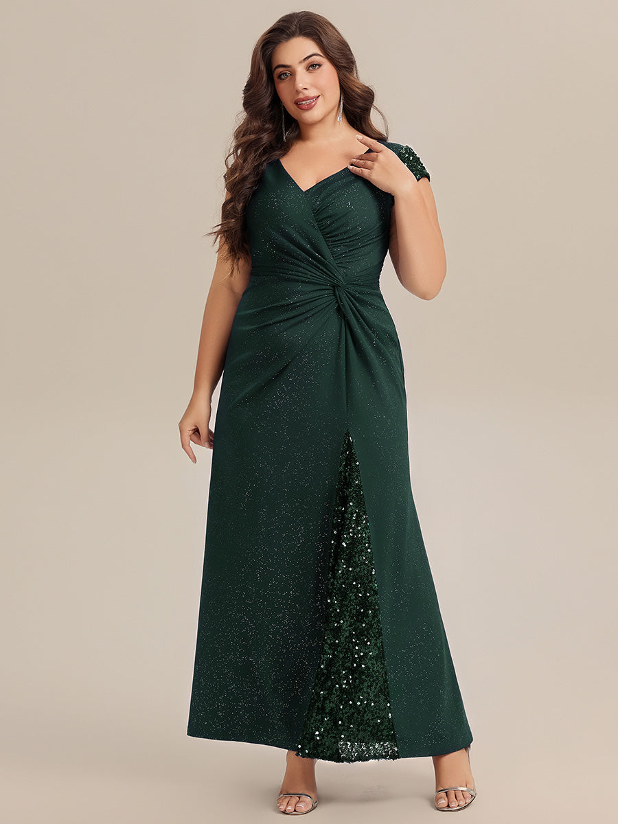 KAIA Silver Knotted Sequin Cap Sleeve Maxi Evening Dress