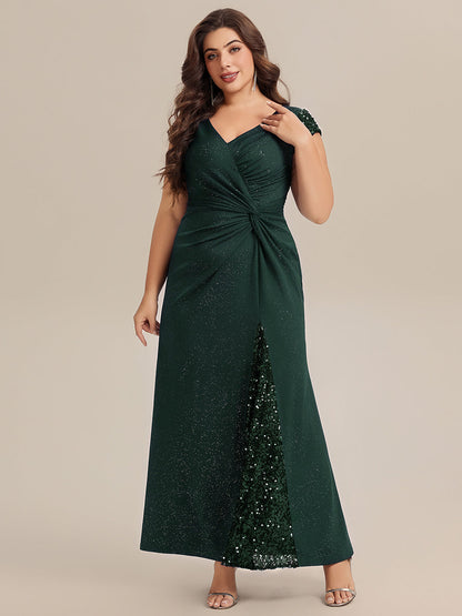 KAIA Silver Knotted Sequin Cap Sleeve Maxi Evening Dress