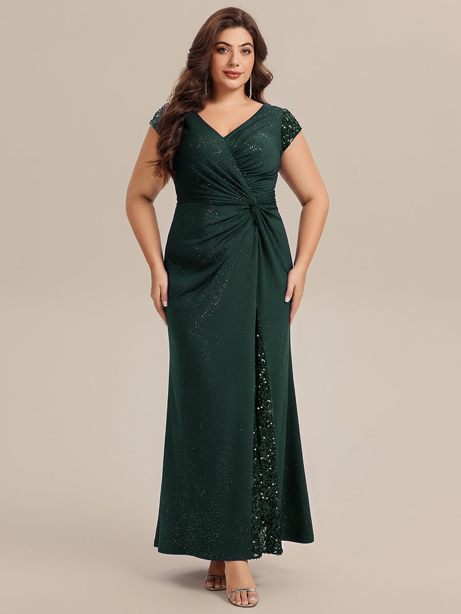 KAIA Silver Knotted Sequin Cap Sleeve Maxi Evening Dress