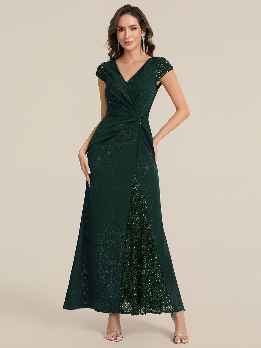 KAIA Silver Knotted Sequin Cap Sleeve Maxi Evening Dress