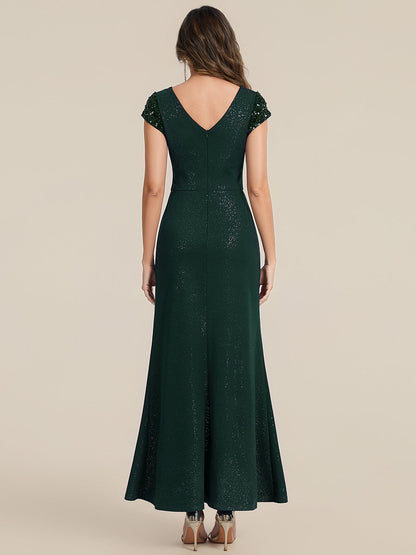 KAIA Silver Knotted Sequin Cap Sleeve Maxi Evening Dress