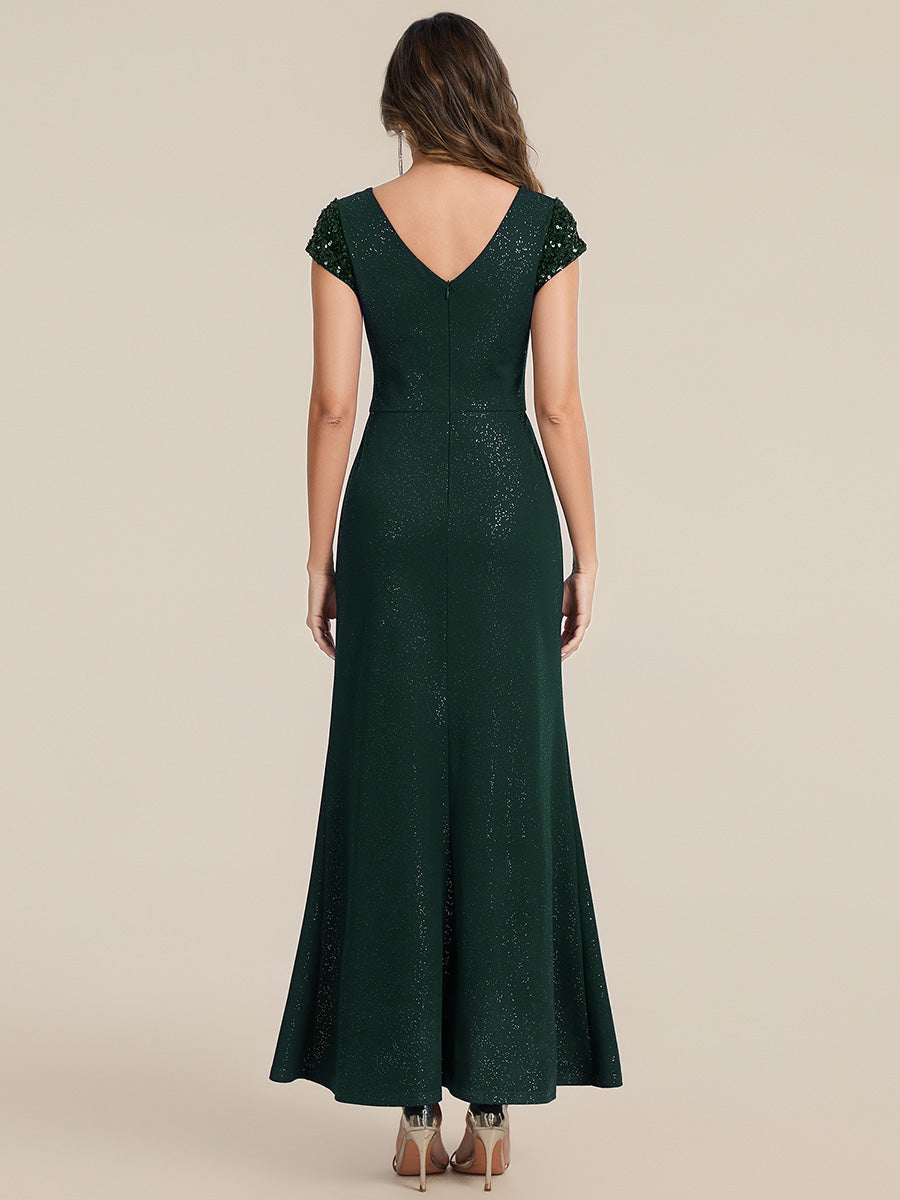 KAIA Silver Knotted Sequin Cap Sleeve Maxi Evening Dress