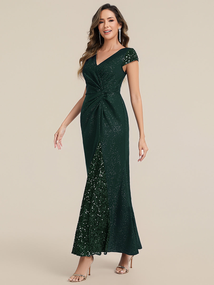 KAIA Silver Knotted Sequin Cap Sleeve Maxi Evening Dress