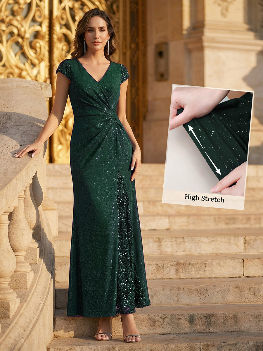 KAIA Silver Knotted Sequin Cap Sleeve Maxi Evening Dress