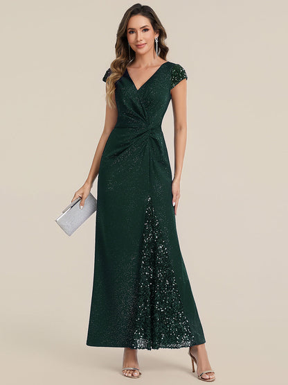 KAIA Silver Knotted Sequin Cap Sleeve Maxi Evening Dress