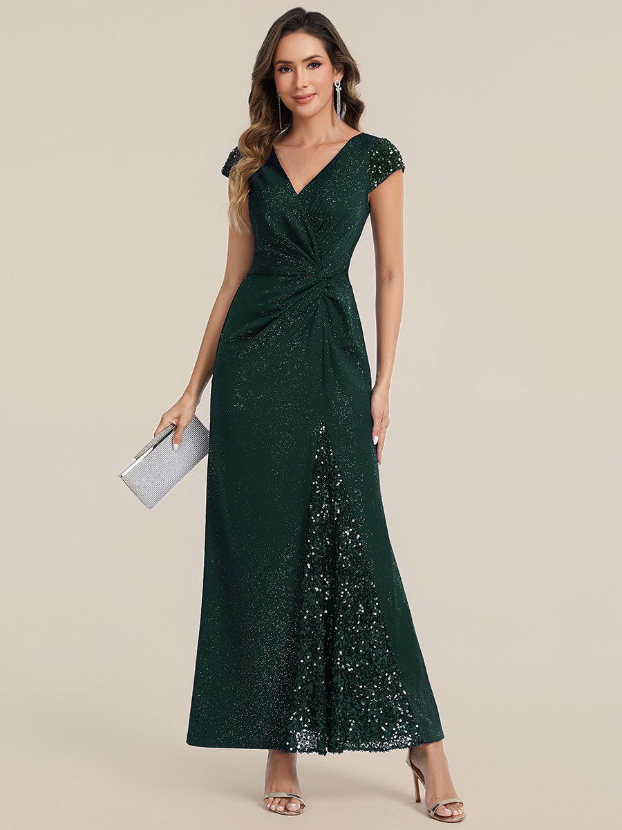 KAIA Silver Knotted Sequin Cap Sleeve Maxi Evening Dress