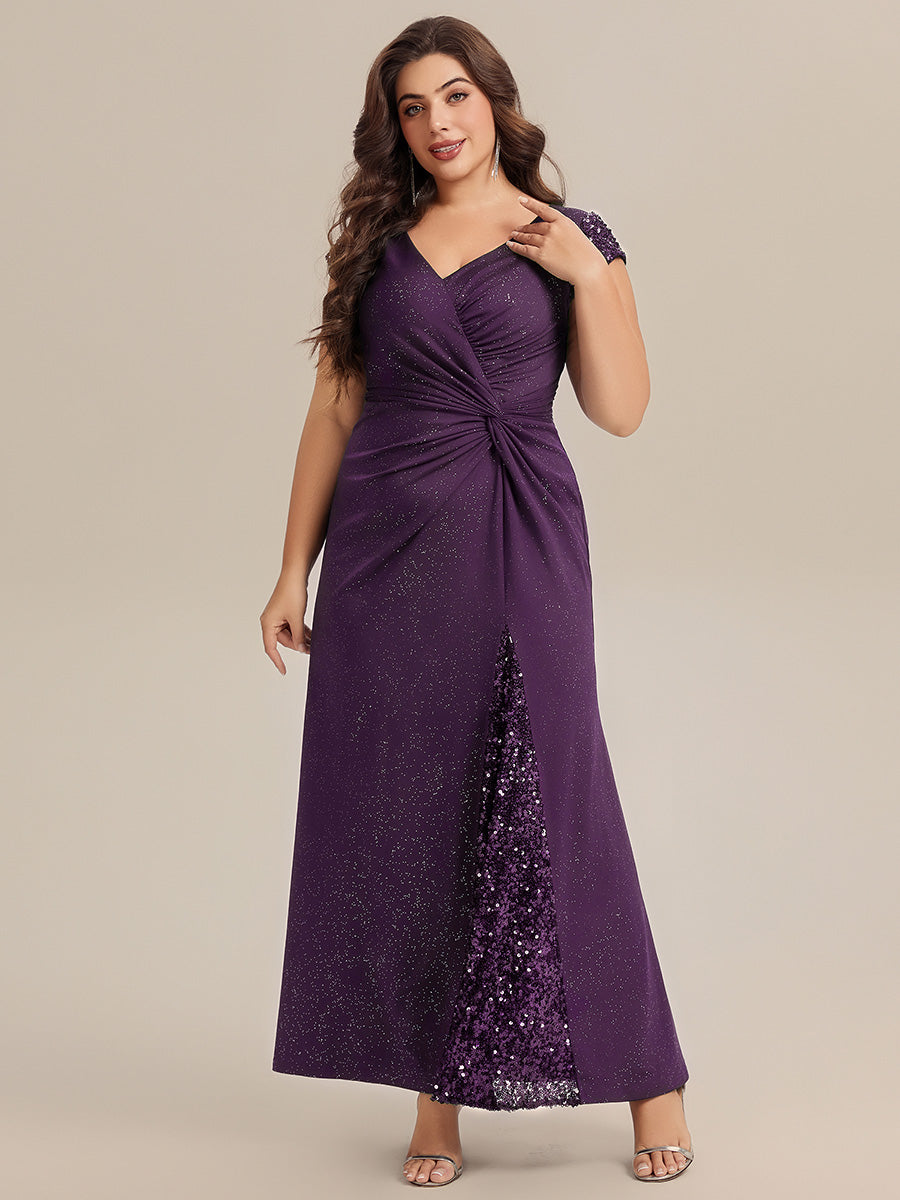 KAIA Silver Knotted Sequin Cap Sleeve Maxi Evening Dress
