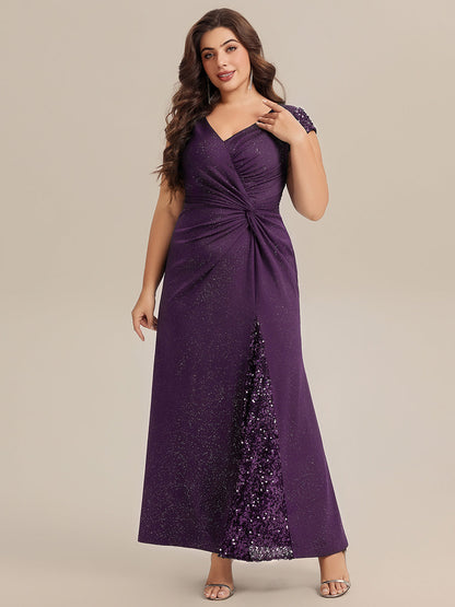 KAIA Silver Knotted Sequin Cap Sleeve Maxi Evening Dress