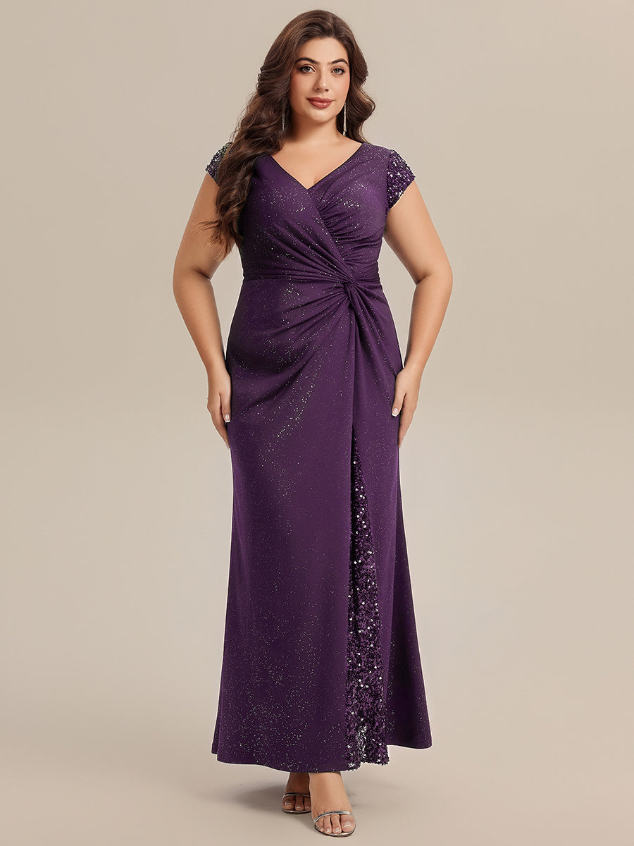 KAIA Silver Knotted Sequin Cap Sleeve Maxi Evening Dress