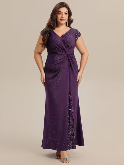 KAIA Silver Knotted Sequin Cap Sleeve Maxi Evening Dress
