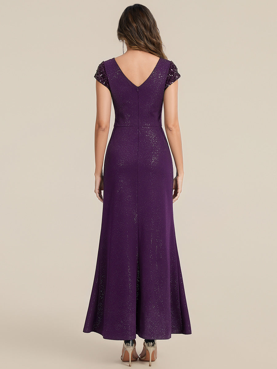 KAIA Silver Knotted Sequin Cap Sleeve Maxi Evening Dress