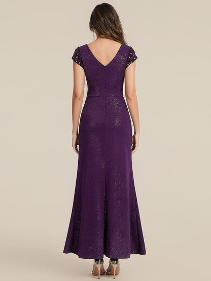 KAIA Silver Knotted Sequin Cap Sleeve Maxi Evening Dress