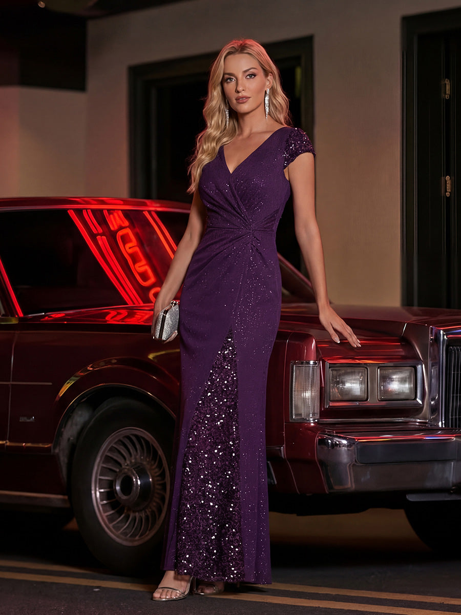 KAIA Silver Knotted Sequin Cap Sleeve Maxi Evening Dress