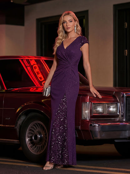 KAIA Silver Knotted Sequin Cap Sleeve Maxi Evening Dress
