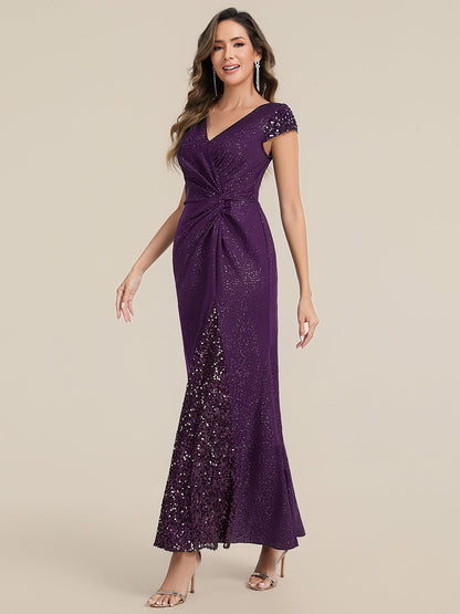 KAIA Silver Knotted Sequin Cap Sleeve Maxi Evening Dress