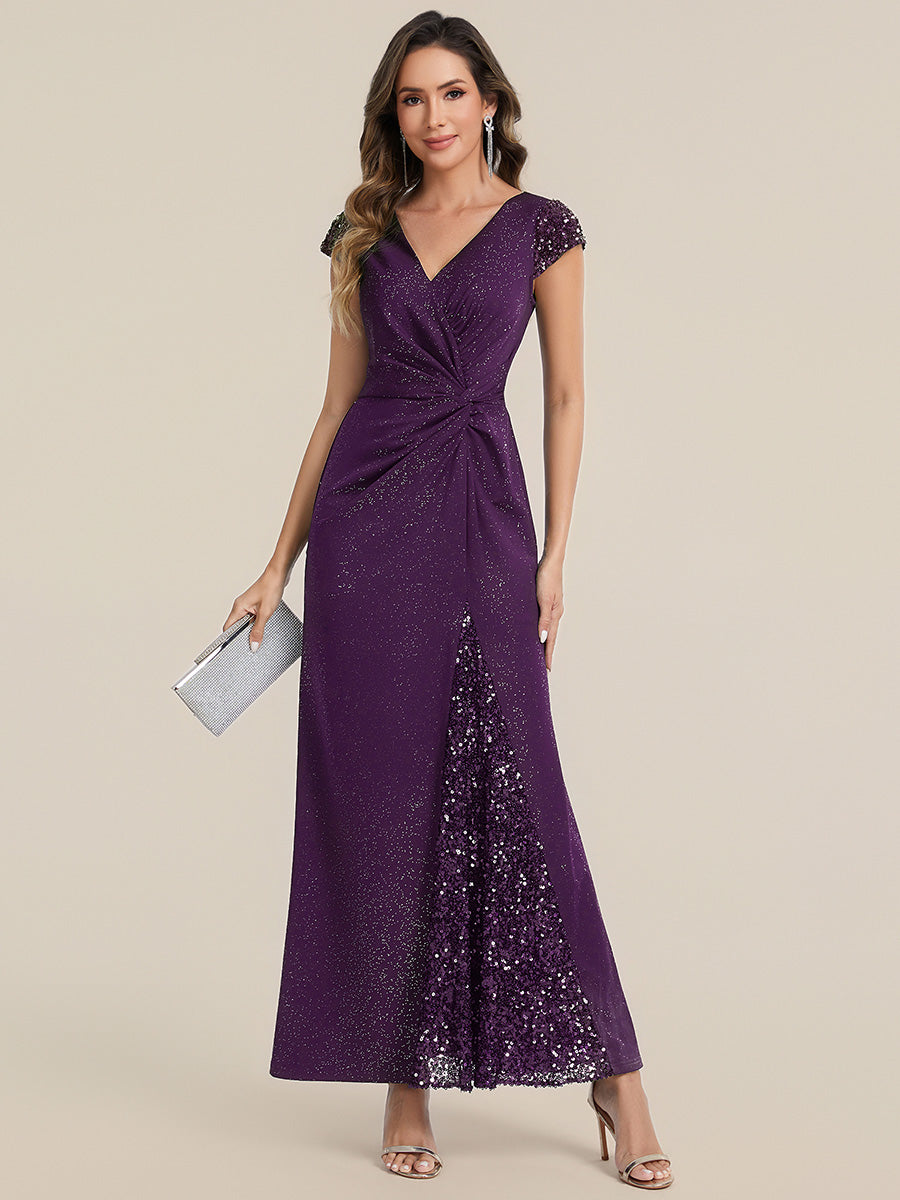 KAIA Silver Knotted Sequin Cap Sleeve Maxi Evening Dress