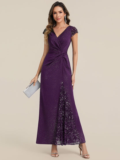 KAIA Silver Knotted Sequin Cap Sleeve Maxi Evening Dress