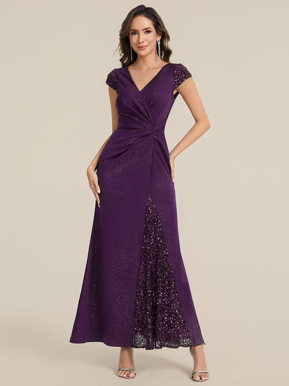 KAIA Silver Knotted Sequin Cap Sleeve Maxi Evening Dress