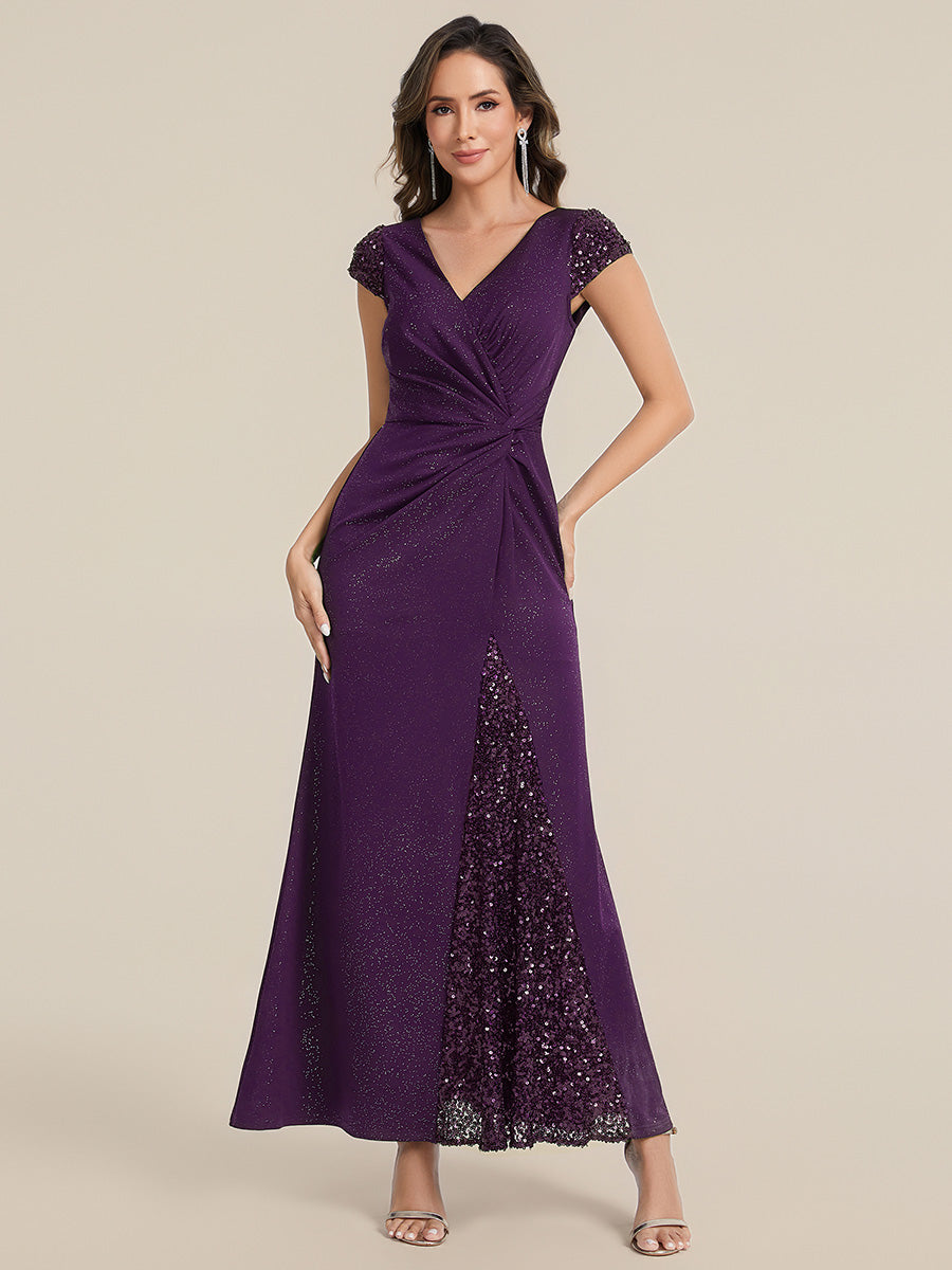 KAIA Silver Knotted Sequin Cap Sleeve Maxi Evening Dress