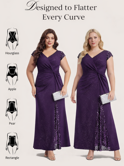 KAIA Silver Knotted Sequin Cap Sleeve Maxi Evening Dress