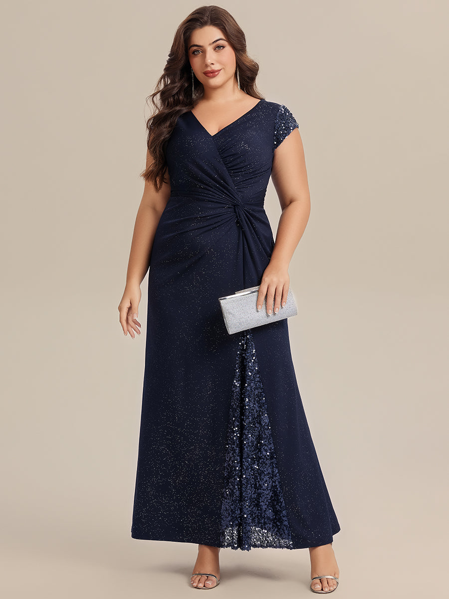 KAIA Silver Knotted Sequin Cap Sleeve Maxi Evening Dress