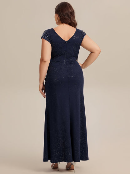 KAIA Silver Knotted Sequin Cap Sleeve Maxi Evening Dress