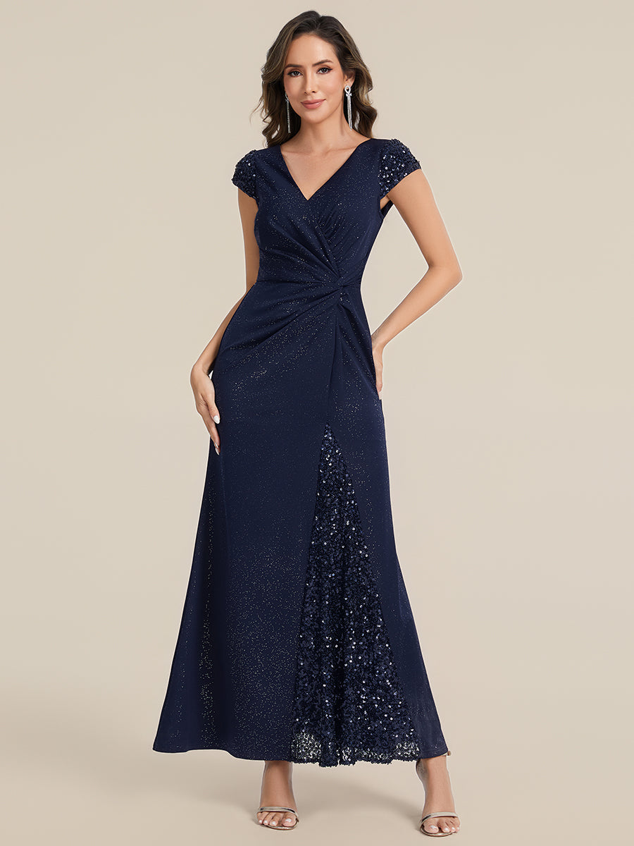 KAIA Silver Knotted Sequin Cap Sleeve Maxi Evening Dress