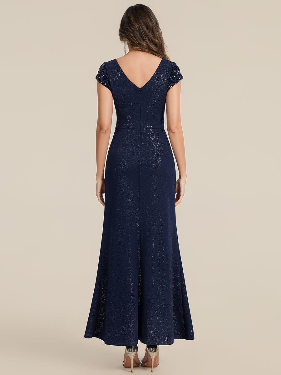 KAIA Silver Knotted Sequin Cap Sleeve Maxi Evening Dress