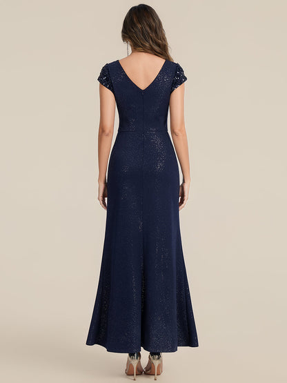 KAIA Silver Knotted Sequin Cap Sleeve Maxi Evening Dress