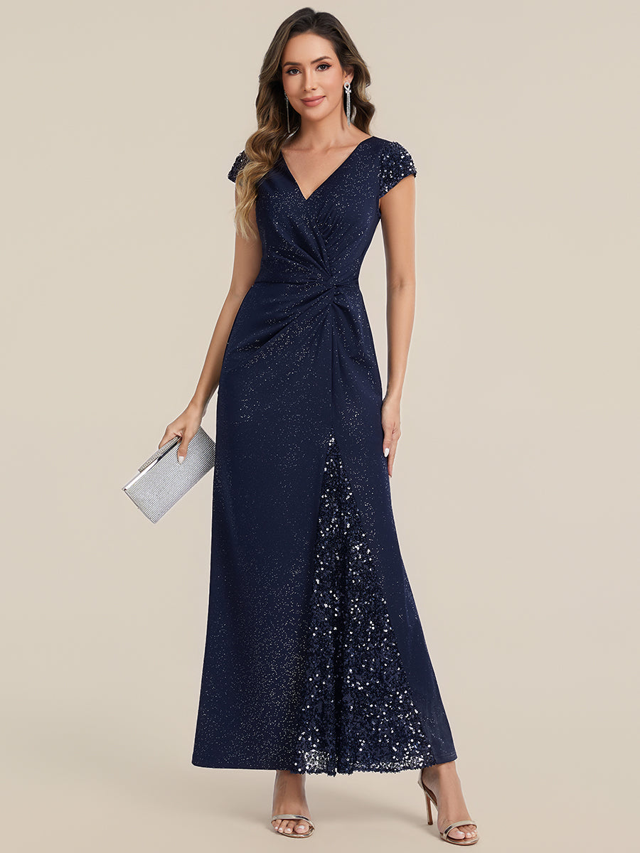 KAIA Silver Knotted Sequin Cap Sleeve Maxi Evening Dress