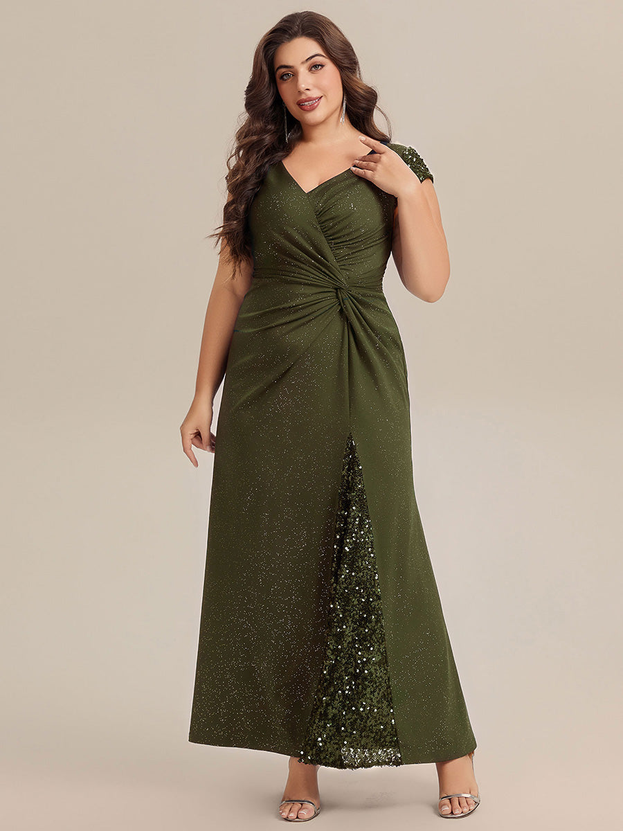 KAIA Silver Knotted Sequin Cap Sleeve Maxi Evening Dress