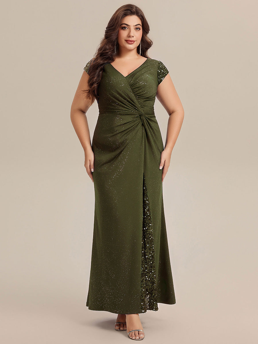 KAIA Silver Knotted Sequin Cap Sleeve Maxi Evening Dress