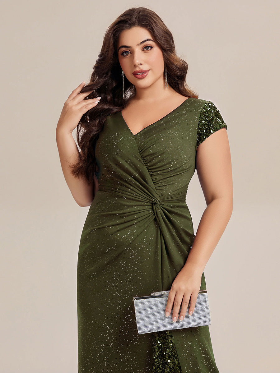 KAIA Silver Knotted Sequin Cap Sleeve Maxi Evening Dress