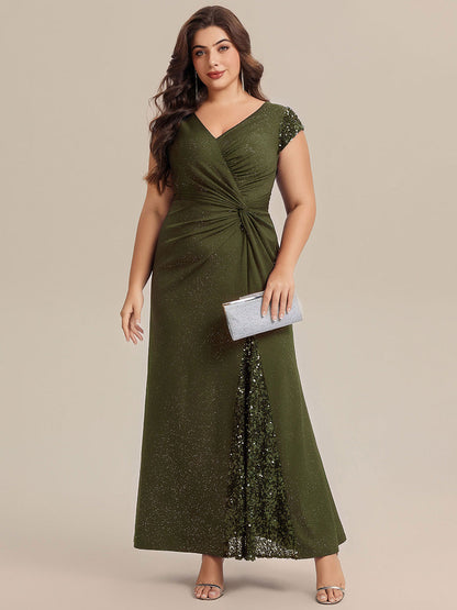 KAIA Silver Knotted Sequin Cap Sleeve Maxi Evening Dress