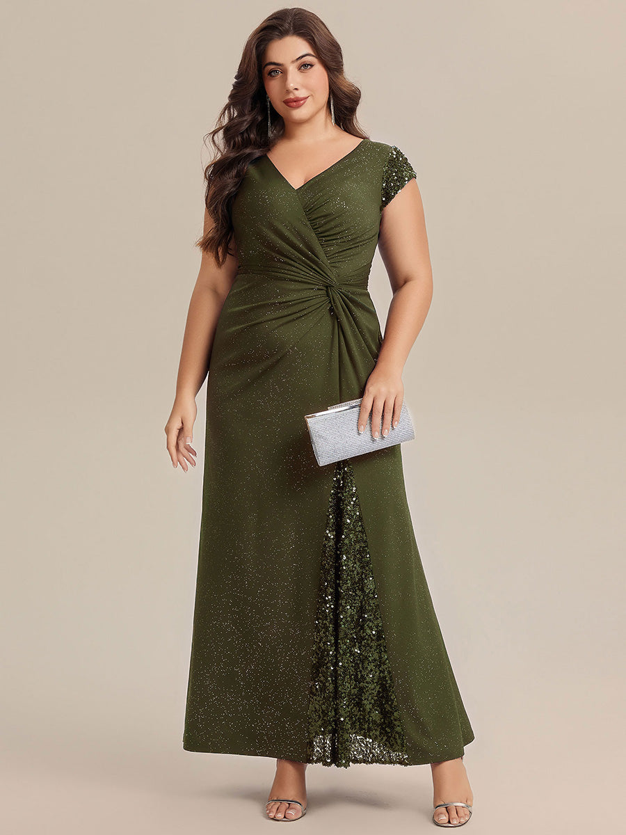KAIA Silver Knotted Sequin Cap Sleeve Maxi Evening Dress
