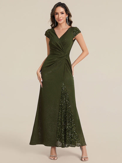KAIA Silver Knotted Sequin Cap Sleeve Maxi Evening Dress