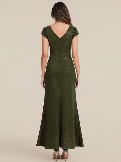KAIA Silver Knotted Sequin Cap Sleeve Maxi Evening Dress