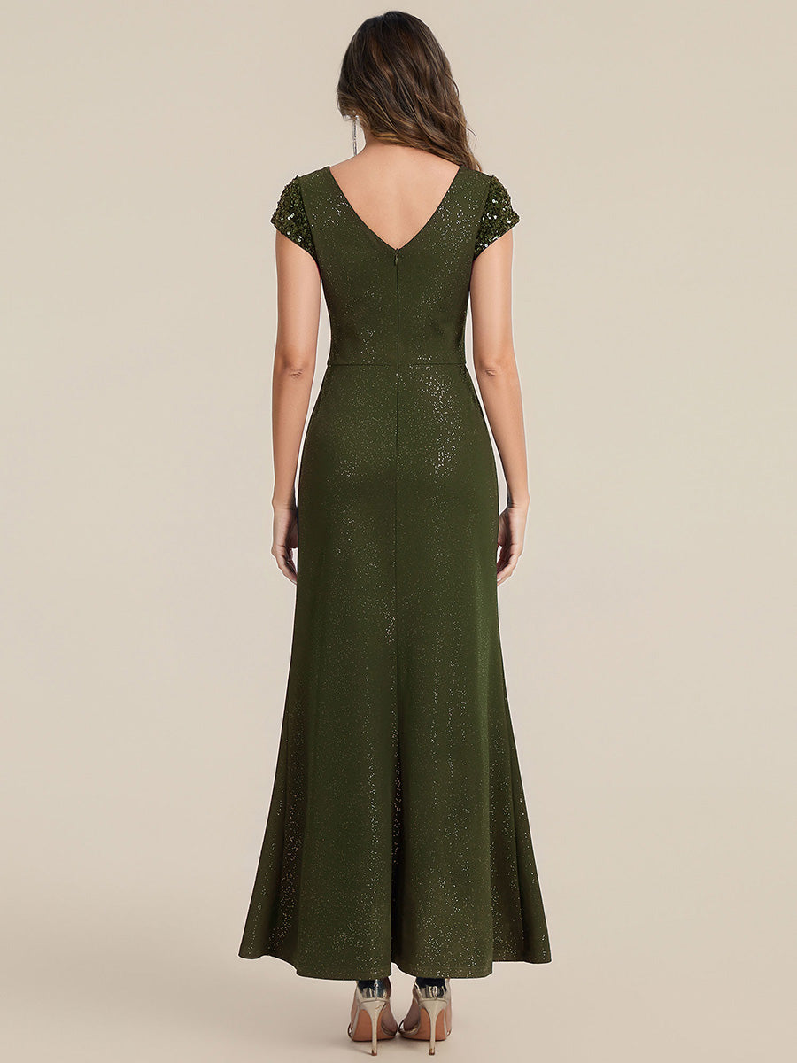 KAIA Silver Knotted Sequin Cap Sleeve Maxi Evening Dress