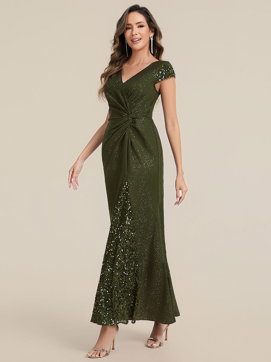 KAIA Silver Knotted Sequin Cap Sleeve Maxi Evening Dress