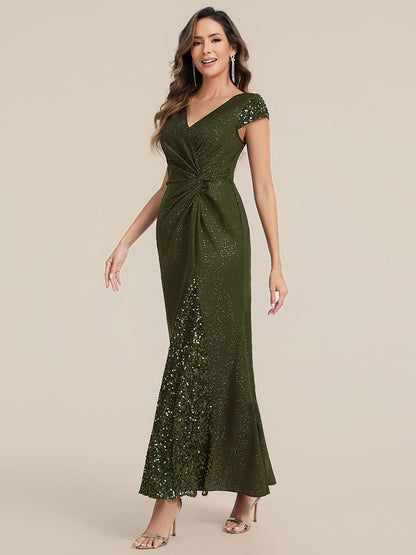 KAIA Silver Knotted Sequin Cap Sleeve Maxi Evening Dress