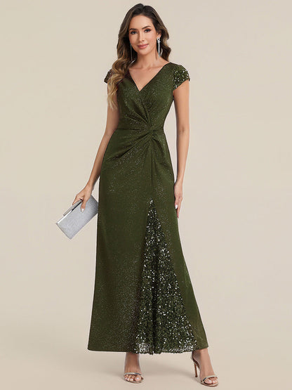 KAIA Silver Knotted Sequin Cap Sleeve Maxi Evening Dress