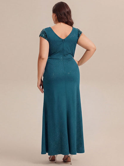 KAIA Silver Knotted Sequin Cap Sleeve Maxi Evening Dress