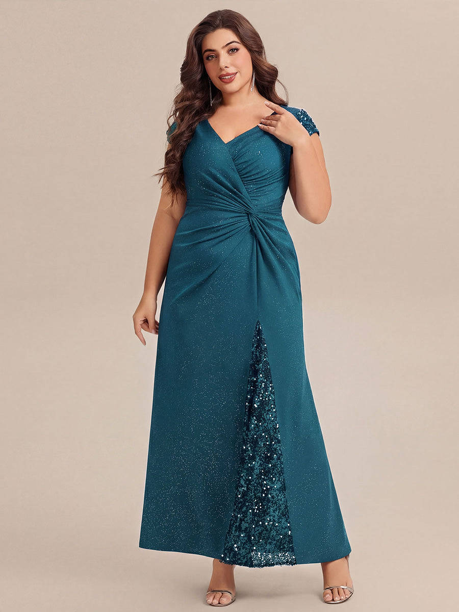 KAIA Silver Knotted Sequin Cap Sleeve Maxi Evening Dress