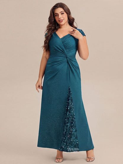 KAIA Silver Knotted Sequin Cap Sleeve Maxi Evening Dress