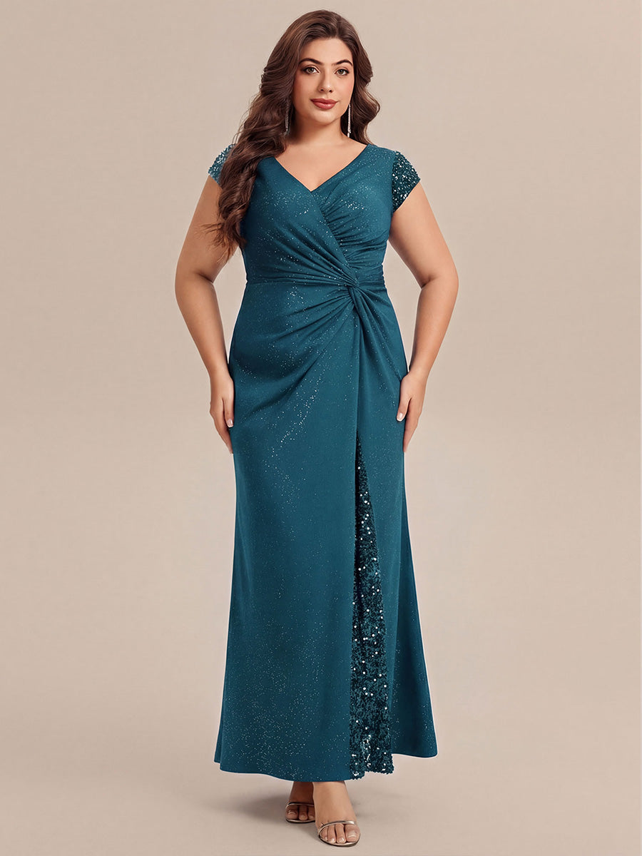 KAIA Silver Knotted Sequin Cap Sleeve Maxi Evening Dress